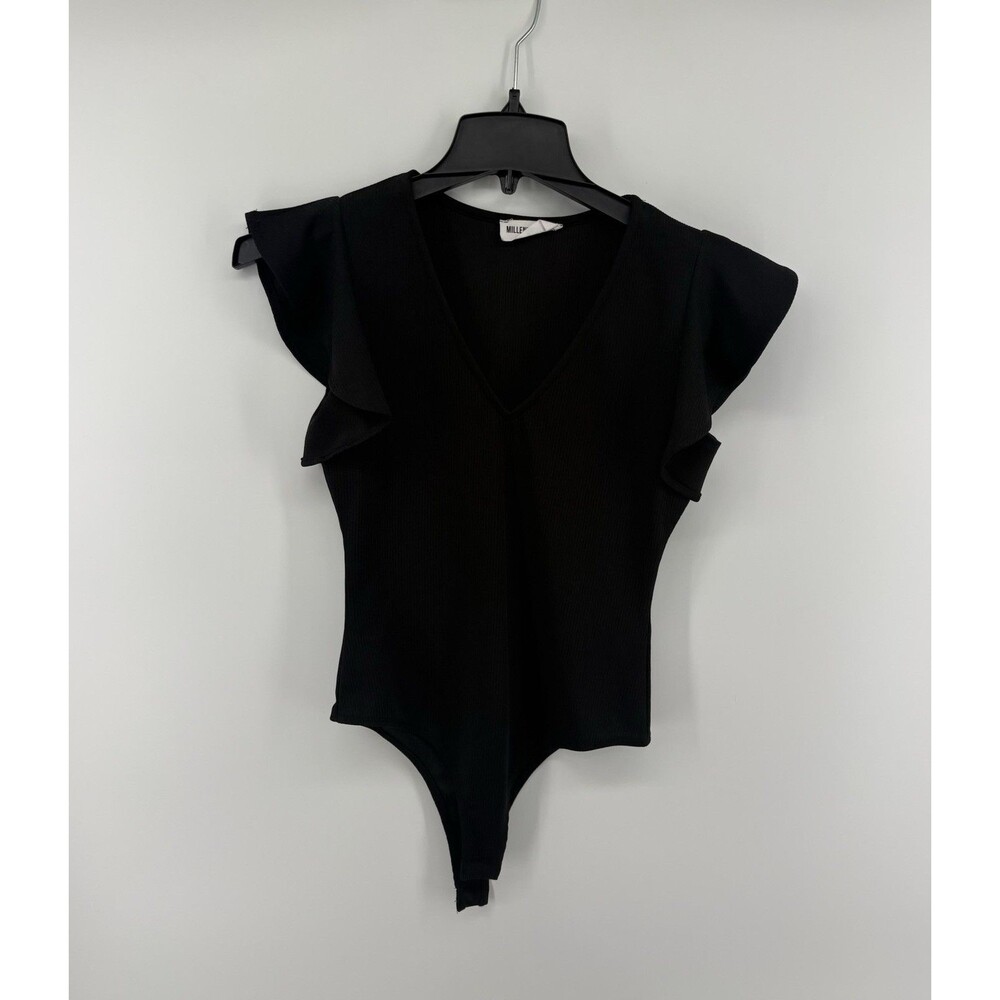 Millennial Pink Women’s Black Ribbed Flutter Sleeve V Neck Bodysuit Size Med EUC